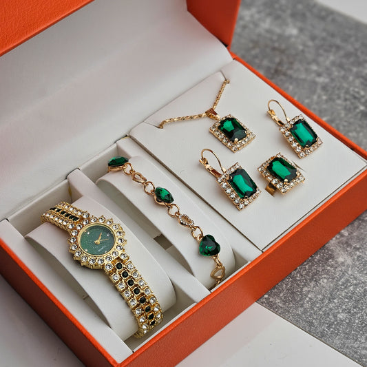 Arany-zöld 5 részes ékszer- és óraszett