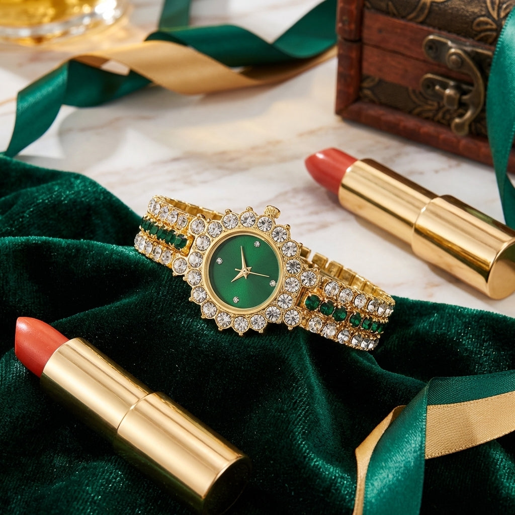 Arany-zöld 5 részes ékszer- és óraszett